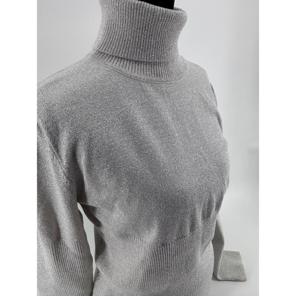 Sparkly Silver metallic Turtleneck sweater topLong Sleeve Ribbed Knit festive L - Picture 2 of 3